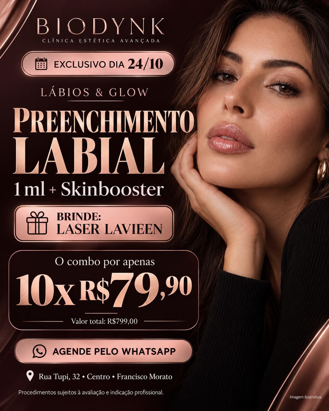 Combo Lábios & Glow: 1 ml de preenchimento labial, Skinbooster e Laser Lavieen de brinde. Exclusivo em 24/10, por 10x de R$79,90.