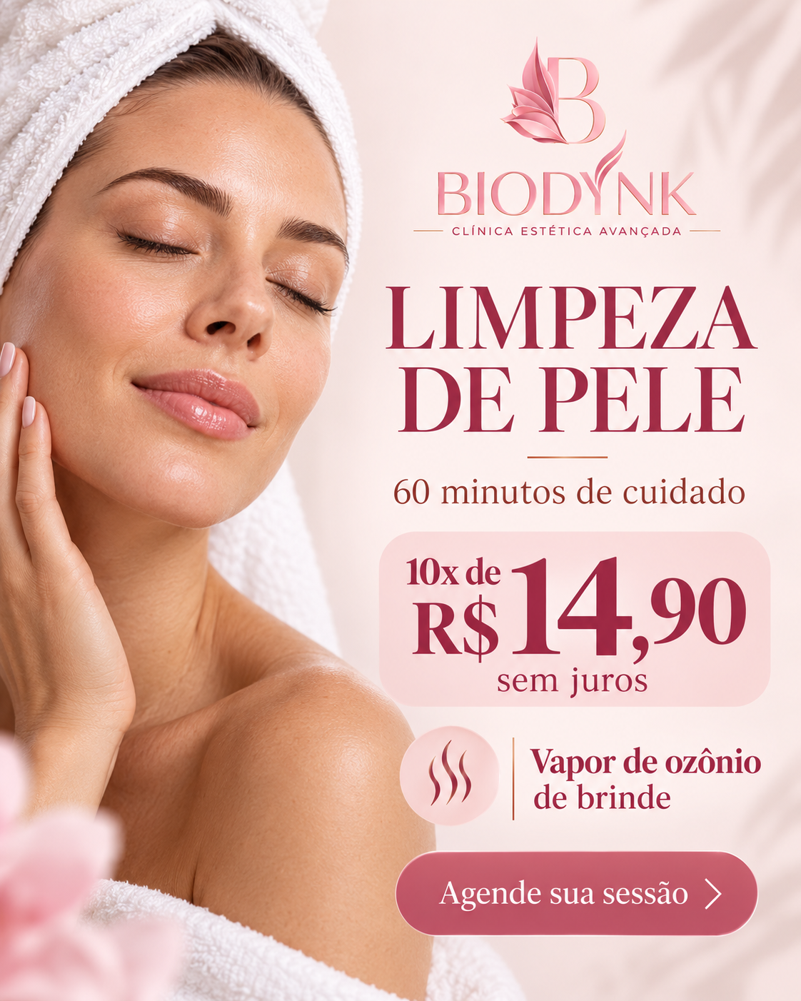 Arte da campanha Biodynk: limpeza de pele por 10 vezes de R$ 14,90, sessão de 60 minutos e vapor de ozônio de brinde