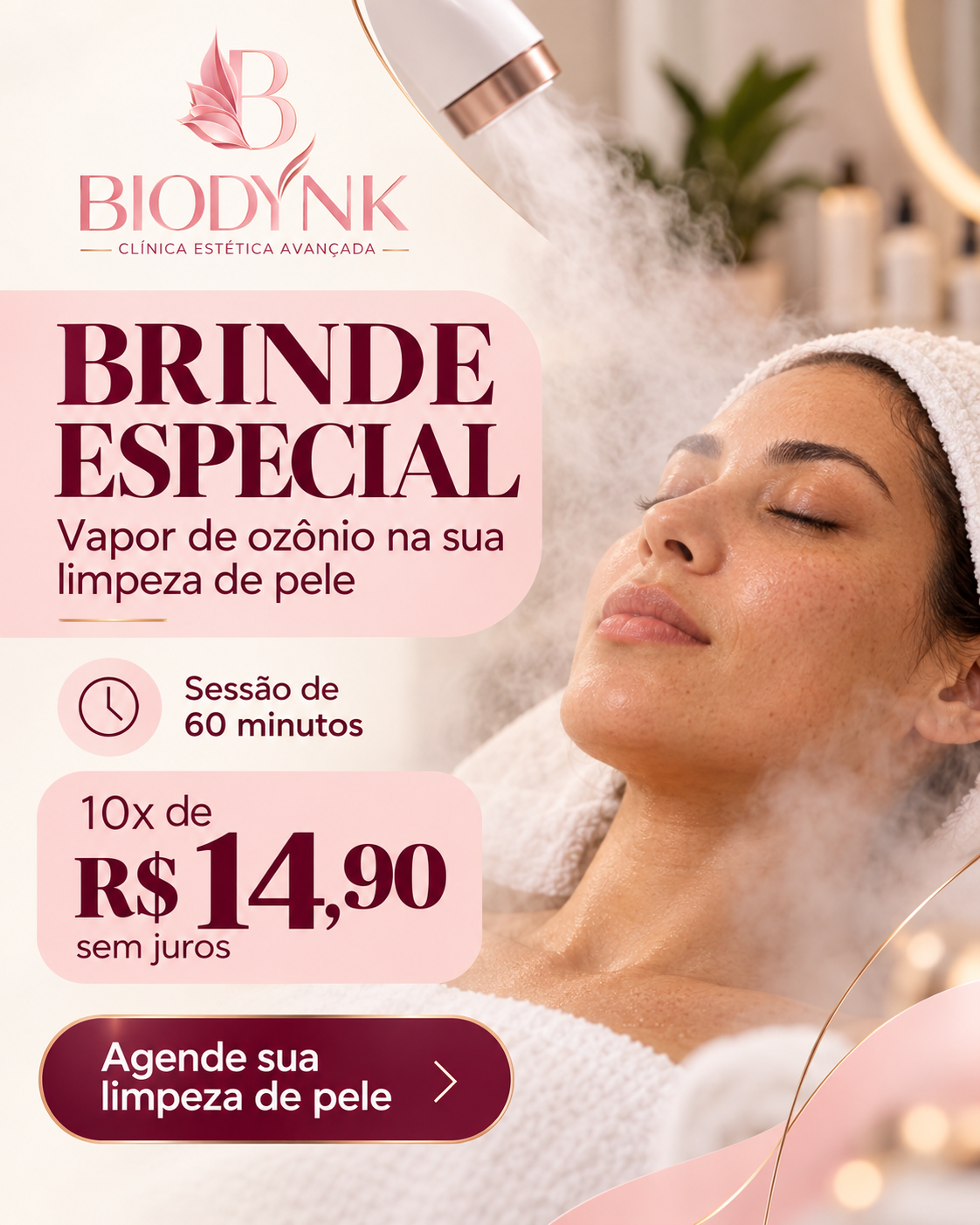 Arte ilustrativa da campanha mostrando o vapor de ozônio como brinde na limpeza de pele