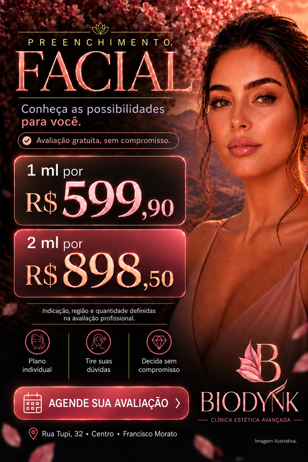 Preenchimento facial Biodynk: 1 ml por R$599,90 ou 2 ml por R$898,50, com avaliação gratuita